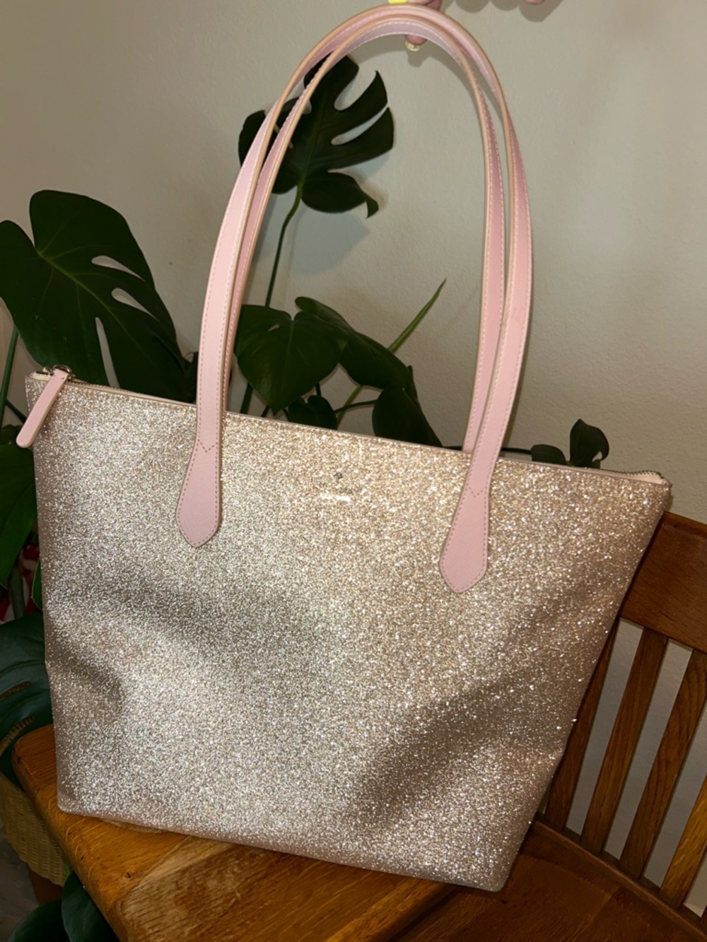 kate spade Champagne Glitter Tote with Blush Pink Handles
